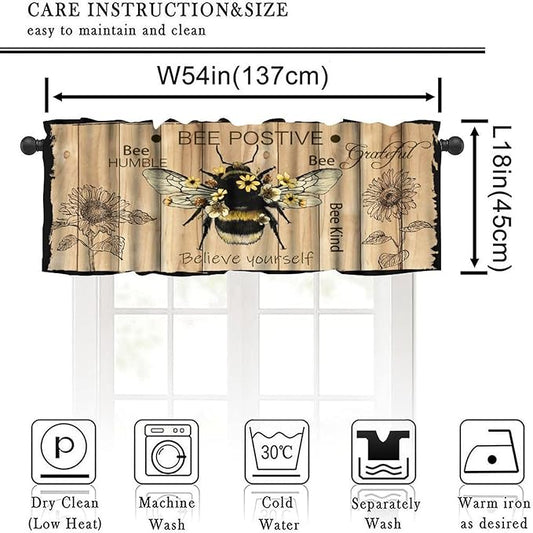 Bee Valances Curtain for Kitchen, Bee Farmhouse Sunflower Wooden Planks Window Treatment Valances Short Curtains Rod Pocket Drape for Dining Room Home Farmhouse Decor, 54x18inch