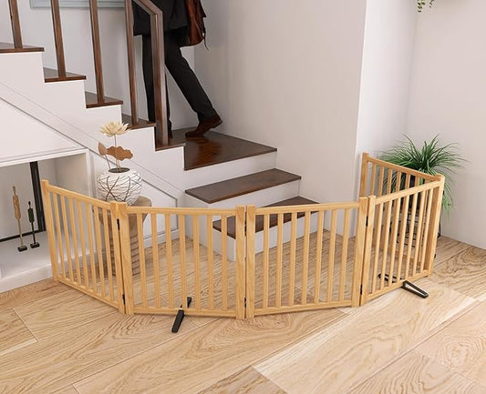 YOCAN Paint-Free Wooden Freestanding Dog Gates for The House, Doorways, Stairs,Wood Pet Fences Indoor Pet Gate,Step Over Fence-5 Panels L:115" H:23"