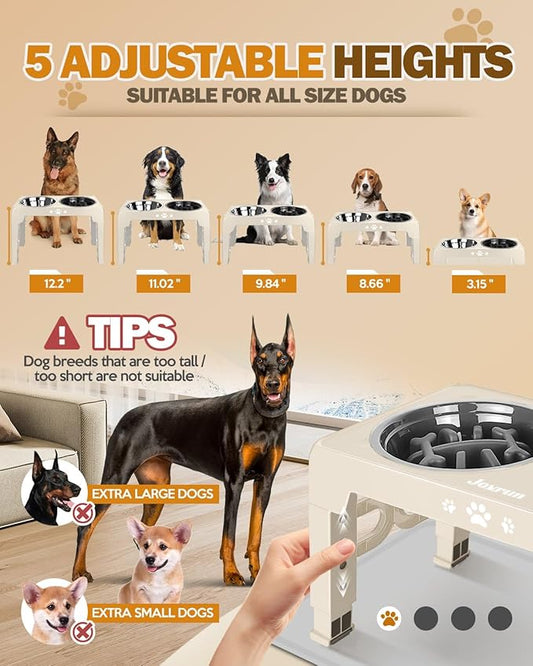 Elevated Dog Bowls with Mat, Non-Slip Dog Feeder with 1*Stainless Steel Dishes & 1*Slow Feeder Bowl, 5 Heights Adjustable Raised Bowls for 3.15″-8.66″-9.84″-11.02″-12.2″