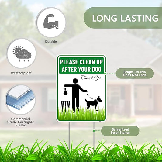2PC Clean Up After Your Dog Sign with Stakes, 9 Inches by 12 Inches - Corrugated Plastic - Please Pick Up Your Dog Poop Yard Grass Lawn Sign