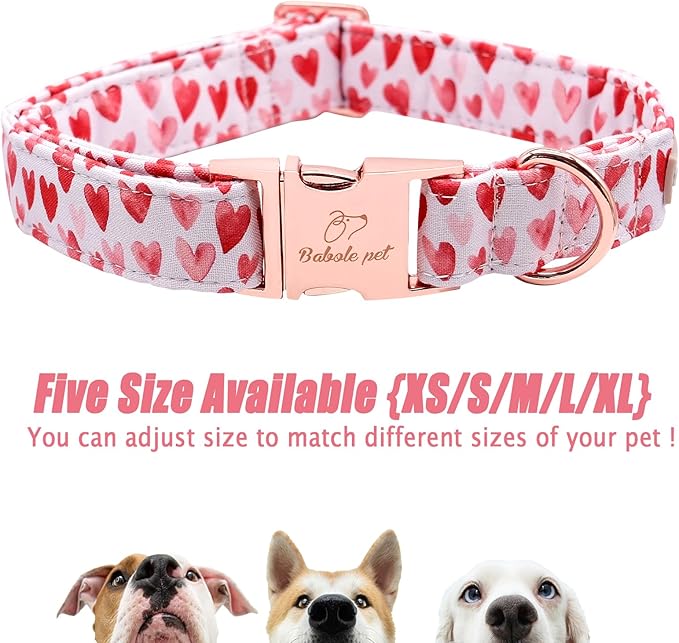 Valentines Dog Collar, White Red Heart Valentine Pet Collar with Metal Buckel, Durable Adjustable Holiday Dog Collars for Small Medium Large Dogs S