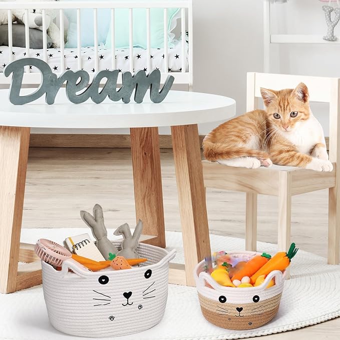 Zopeal Cat Basket Storage Woven Organizer with Ears Easter Decorative Pet Toy Cute Cotton Rope Basket for Gift Cat Dog Toy Bin Nursery Room(8.3 x 4.7 Inch,White Khaki Brown)