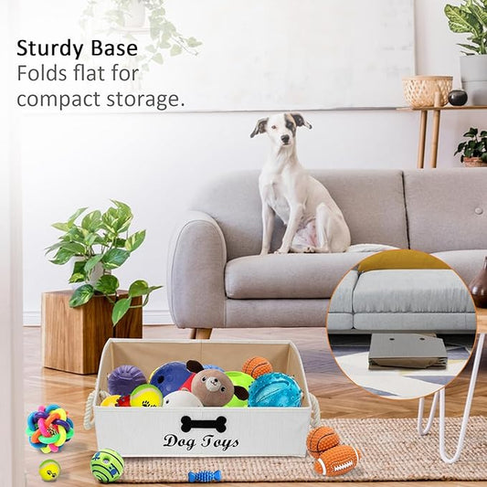 Trapezoid Fabric Dog Toy Basket with Rope Handle - Storage Organizer for Pet Toys - Personalizable - Beige