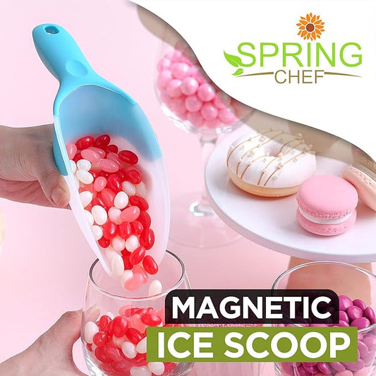 Spring Chef Magnetic Ice Scoop for Freezer, Translucent BPA-Free Flexi-Plastic Ice Scooper with Soft Grip Handle, Kitchen Food Scoop for Popcorn, Pet Food, Flour, Grains - Dishwasher Safe - Aqua Sky