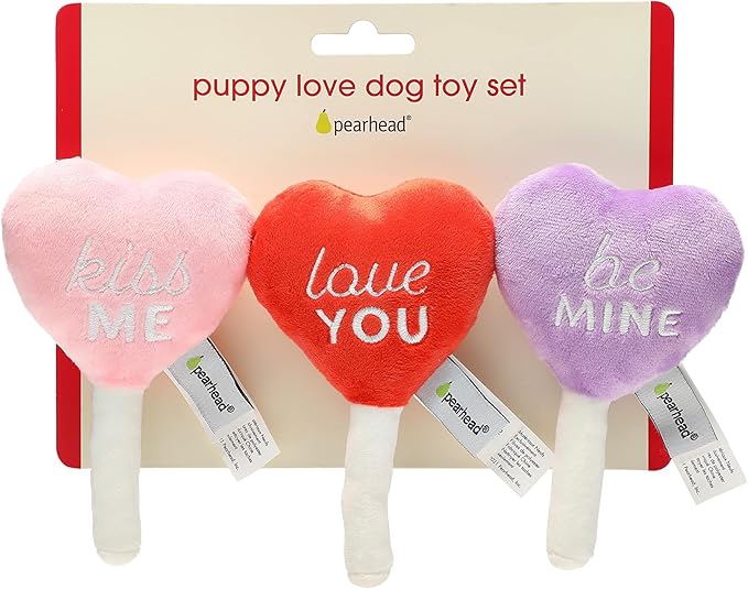 Pearhead Valentine’s Day Plush Squeaky Dog Toys – Candy Popsicle Dog Toy Set, Soft Chew Interactive Toys for Dogs, Set of 3