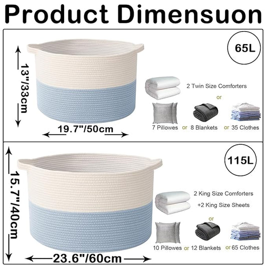 65L Large Blanket Basket,19.7" L x 19.7" W x 13" H Rope Woven Baskets with Handles, Toys Storage Bins,Laundry Basket Perfect for Living Room, Nursery,Bedroom,Home Organization,White&Blue