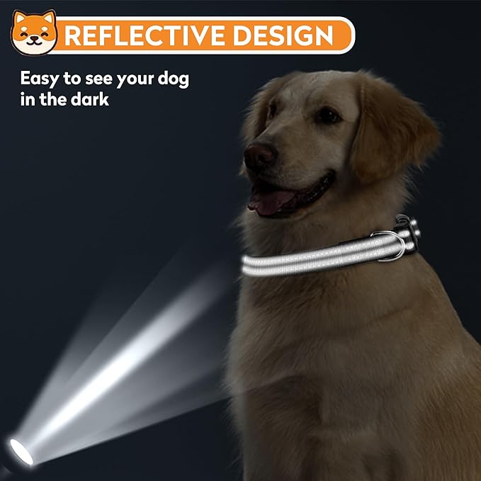 Reflective Dog Collar, Adjustable Soft Neoprene Padded Nylon Pet Collars with Buckle for Extra Large Dogs, Black,XL