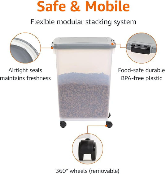Amazon Basics Airtight Pet Food Storage Container with Scoop, BPA Free, Removable Wheels, 69 QT, Gray