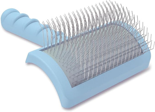 Slicker Brush for Poodles and Goldendoodles - Curved Brush for Thick, Fluffy, Shedding Fur on Dogs and Cats - Soft, Gentle Pins for Grooming (Blue)