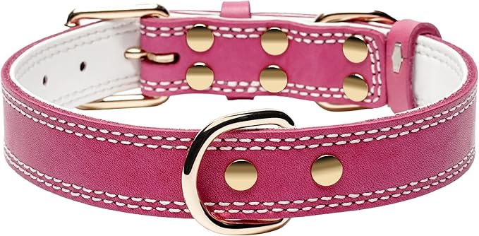 Dog Collar,Genuine Leather Heavy Duty Dog Collar for Small, Medium,Large and Extra Large Dogs (L: 1.2" Wide for 16.2"-22" Neck,Dual Stitch - Pink)