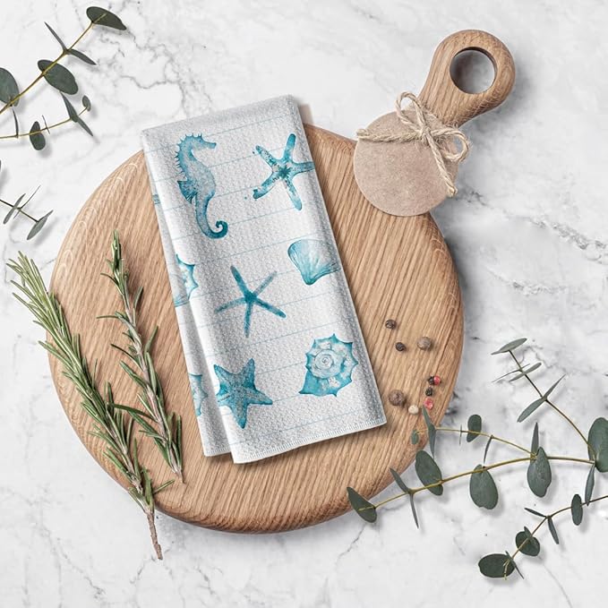 Kitchen Towels for Women-Funny Joked Starfish Seahorse Scallop Ocean Themed Absorbent Microfiber Bar Tea Towel, for Mom Birthday Christmas-Blue 16" x 24”