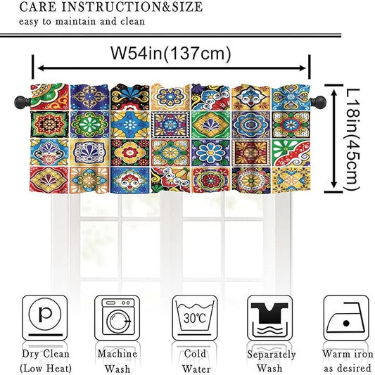 Mexican Style Valances Curtain for Kitchen Cafe, Tiles Print Colorful Flowers Leaves Swirl Pattern Window Treatment Valances Short Curtains Rod Pocket Drape for Dining Room Home Decor, 54x18inch