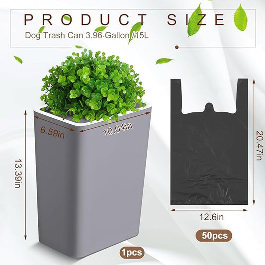 Jingmore Dog Poop Trash Can Outside 3.96 Gal/15 L Plant Styled Dog Waste Trash Can with Lid 50 Pcs Plastic Waste Bags Outdoor Indoor Poop Container Slim Garbage Bin for Yard Garden Pet (Gray)