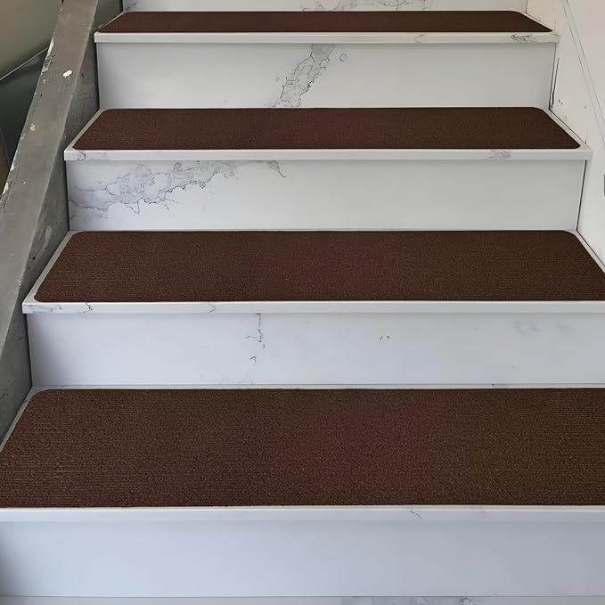 Nonslip Stair Treads Wooden Steps, 15 PCS 30" x 8" Safety Rug Slip Resistant Runner with Reusable Adhesive, Carpet Landing Mat for Family Elders Pets Soft Stair Mats Indoor (Brown)