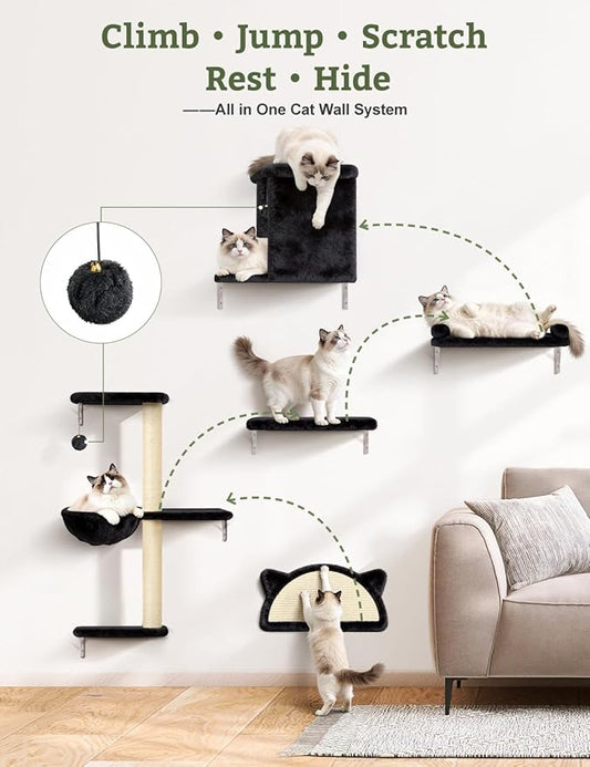 5-in-1 Cat Wall Shelves, Solid Wood & Velvet & Sisal Scratcher, 44lbs Max Load, Wall Mounted Cat Furniture for Climbers, Cat Climbing Wall System, Fits Drywall & Solid Walls - Black