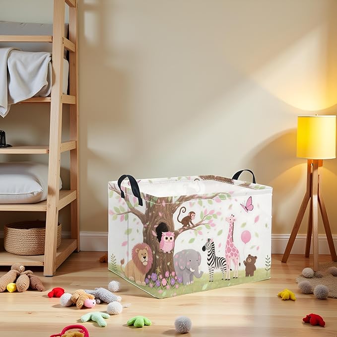 Rectangular Baby Kids Storage Basket for Home Kitchen Girls Cute Storage Bin Organizer Shelf Book Room Decor(Pink Animal)
