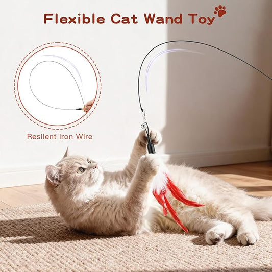 Pawaboo Feather Teaser Cat Toy - Interactive Wand with Extra Long 34.5" Wand and Small Bell, Exerciser Playing Toy for Kittens or Cats, Wine Red & White Feather