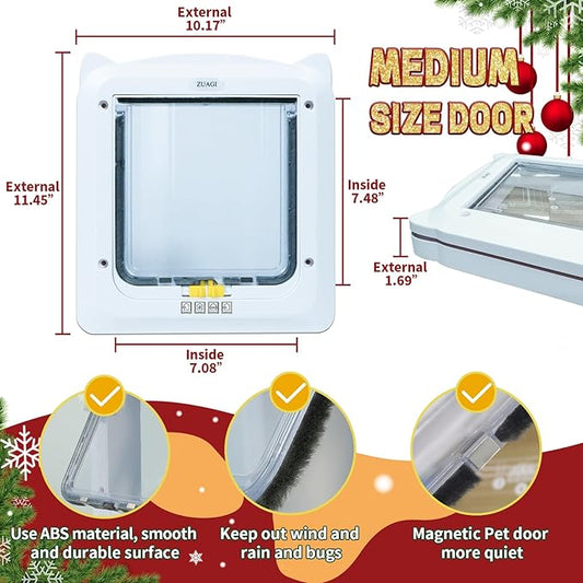 Magnetic Cat Door with 4 Way Locking, Weatherproof & Interior/Exterior Compatible (Outer: 11.5'x10.2', Inner: 7.5'x7.1')