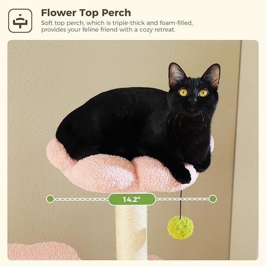 MUTTROS Flower Cat Tree, 62-Inch Tall Multi-Level Cat Tower with Scratching Posts for Large Indoor Cats, Plush Bed w/Padded Perches, Scratching Pad & 2 Green Pompoms, Pink