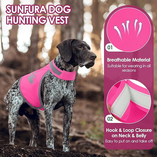 SUNFURA Dog Reflective Safety Vest, High Visibility Adjustable Dog Hunting Harness Vest for Outdoor Activity & Night Walking, Breathable Pet Jacket for Small Medium Large Dogs (Pink, L)