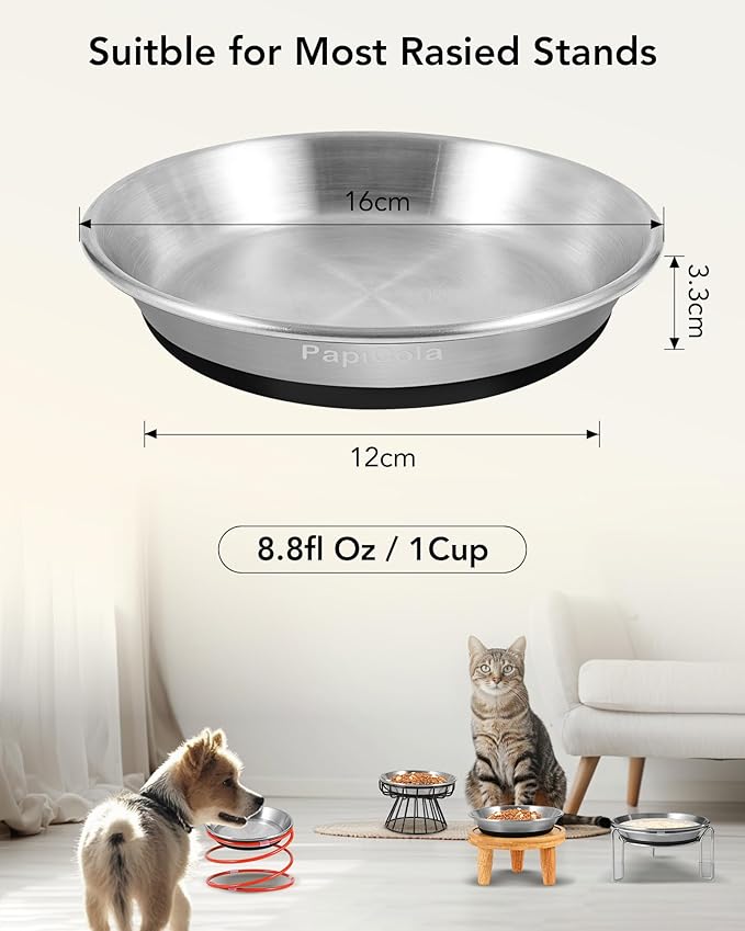 Stainless Steel Cat Bowls 2 PCS, Non-Slip cat Food Dishes, Metal Pet Food and Water Bowls, Whisker Friendly with Wide and Shallow Design, 6.3'' Wide, 0.7mm Thick Steel, Ideal Pet Dish (2 PC-6.3in)