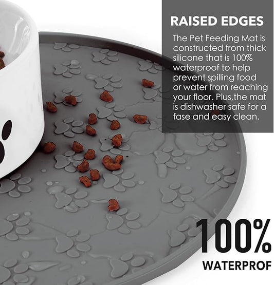 Silicone Pet Food Mat - Waterproof Dog Food Bowl Mat Cat Feeding Mat Thicker Pet Placemat Eating Mat with High Lip to Prevent Spills, Dog & Cat Water Bowl Mat for Messy Drinkers to Protect Floors,Gray