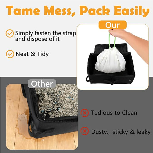 SZEE Travel Litter Box for Cats with Zipped Lid with 3 Pcs Disposable Liner Bags, Easy Cleaning, Suitable for Pets up to 15lbs, Portable Litter Box for Travel, Car, Hotel, Airplane, Camping - Black