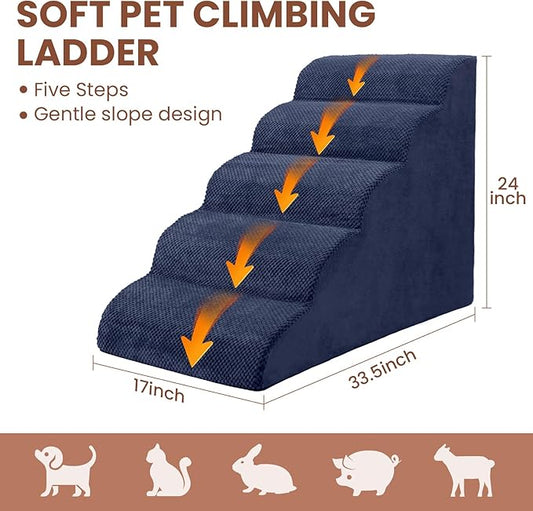 5 Steps Dog Stairs for Bed, 24" Dog Steps for High Bed, High Density Pet Steps for Small Dogs, Extra Wide Non-Slip Dogs Ramp for Injured, Older Pets, Small Cats, Navy