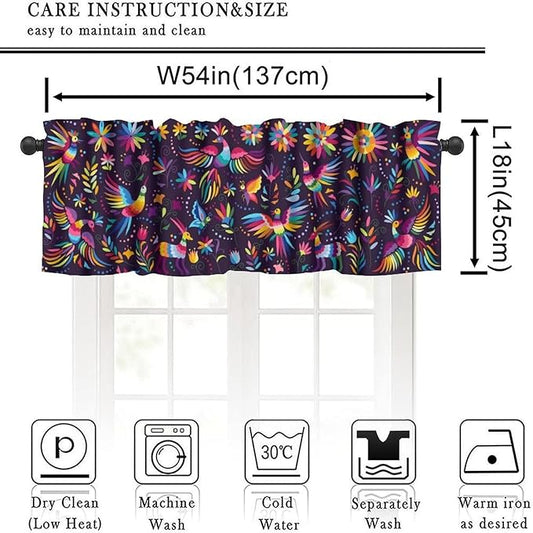 Mexican Style Valances Curtain for Kitchen Cafe, Flowers Leaves Birds Animal Background Print Window Treatment Valances Short Curtains Rod Pocket Drape for Dining Room Home Decor, 54x18inch