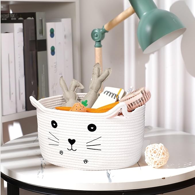 Zopeal Cat Basket Storage Woven Organizer with Ears Easter Decorative Pet Toy Cute Cotton Rope Basket for Gift Cat Dog Toy Bin Nursery Room(13.7 x 7.8 Inch,White)