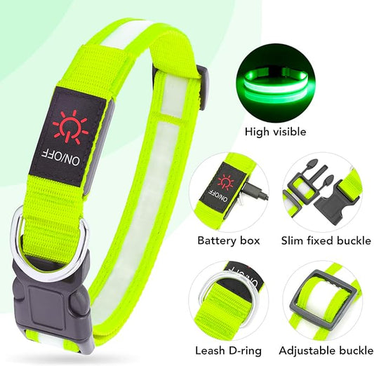 Vizpet LED Dog Collar, Light Up Dog Collar Adjustable USB Rechargeable Super Bright Safety Light Glowing Collars for Dog(Small,Green)