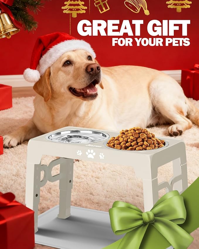 Elevated Dog Bowls with Mat, Non-Slip Dog Feeder with 1*Stainless Steel Dishes & 1*Slow Feeder Bowl, 5 Heights Adjustable Raised Bowls for 3.15″-8.66″-9.84″-11.02″-12.2″