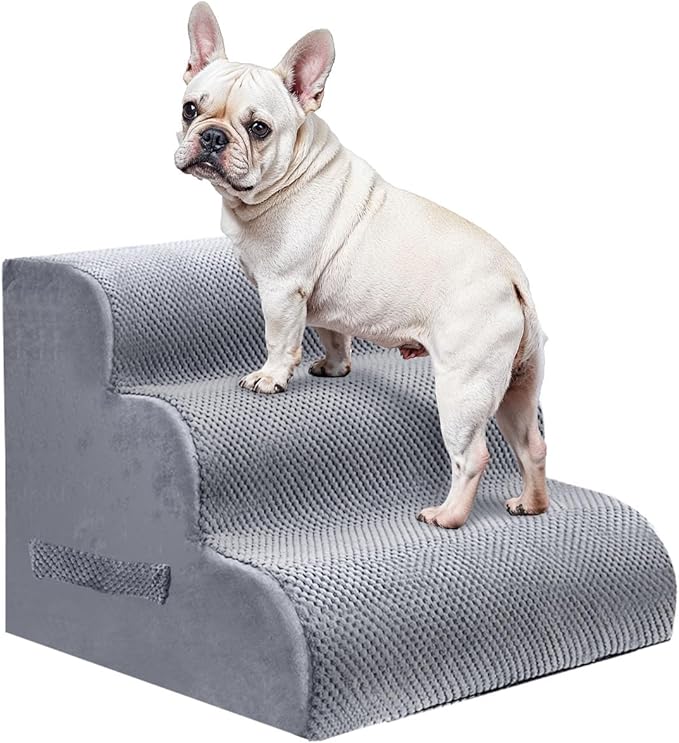 PAWSCART Pet Stairs for Dogs 3-Step, 17.7" H Pet Stairs for High Bed, Couch Sofa & Chair, 30D Material Soft Foam Dog Steps with Non-Slip Bottom Surface Removable Washable Cover, LightGrey