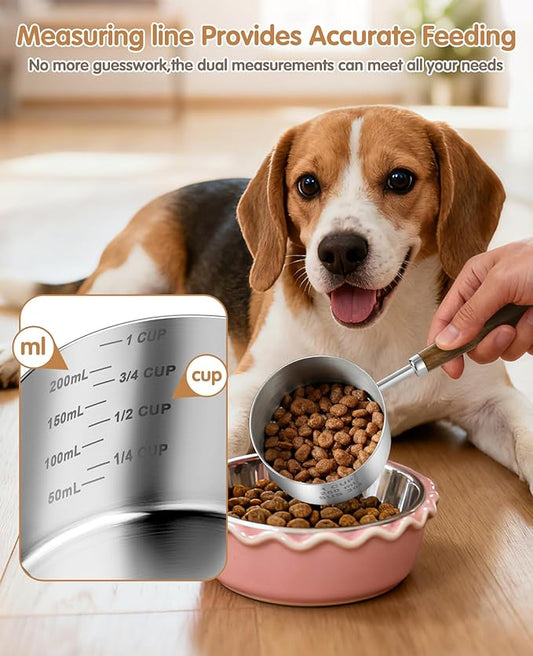 Stainless Steel Dog Food Scoop 1 Cup, Dog Food Measuring Cup With Measuring Lines (Cup/ML) & Long Wooden Handle, Metal Pet Food Scoop For Dogs, Cats and Kitchen Use, Dishwasher Safe