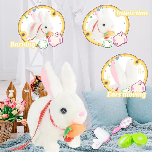 Hopping Rabbit Interactive Electronic Pet Plush Bunny Toy with Sounds and Movements Animated Walking Wiggle Ears Twitch Nose Gift for Toddlers Birthday