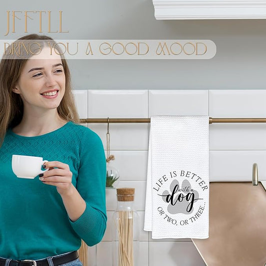 Funny Dog Lover Kitchen Towels, Pet Lover Gifts Dish Tea Towels for Kitchen Decor, Life is Better with a Dog Decorative Hand Towel for Bathroom, 16x24 Inch