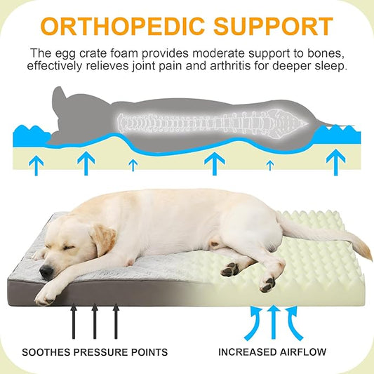 KSIIA Orthopedic Dog Bed Dog Crate Bed Waterproof for Large Dogs Deluxe Plush Washable Pet Mat with Egg Crate Foam & Removable Cover, 35 x 22 Inch, Gray