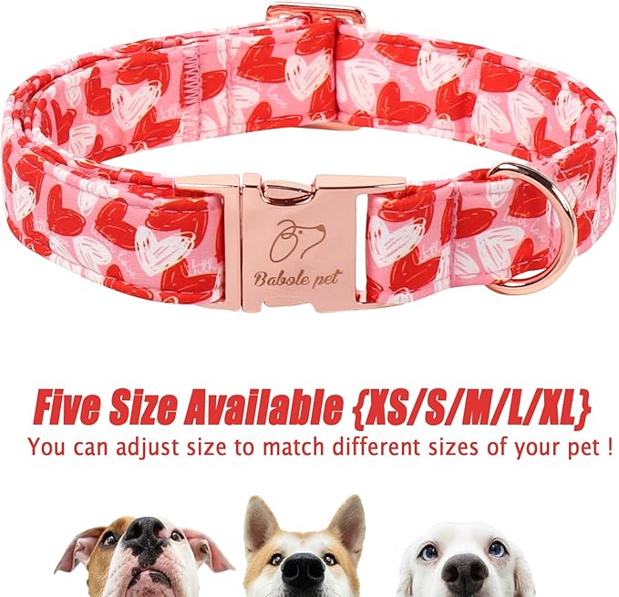 Valentines Dog Collar, Cute Pink Valentine Dog Collars, Doodle Heart Pattern, Adjustable Heavy Duty Pet Collar for Small Medium Large Dogs with Metal Buckle S