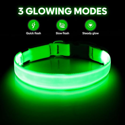 Illumifun Light Up Dog Collar, USB Rechargeable LED Dog Collar Glow in The Dark,Adjustable Pet Safety Lights for Night Walking (Green, Medium)