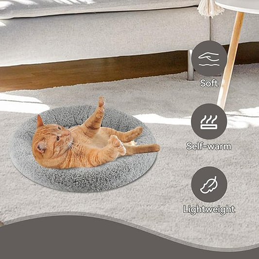 Enjoying Small Cat Bed Mat, 11.81" Round, Self Warming Cat Mat with Pillow Around, Dog Kitty Curling Sleep Cushion, Soft Kitten Pad for Carrier/Crate, Rabbit Warm Bed, Antiskid Bottom, Small