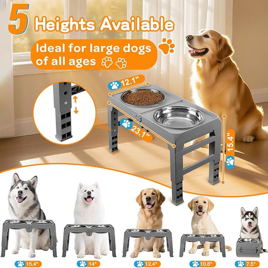 Elevated Dog Bowls for Large Dogs 5 Adjustable Heights 7.5"-15.4", 2 X-Large 10” Stainless Steel Bowls, Heavy Duty Raised Dog Bowl Stand Foldable Pet Feeder for Dogs Shoulder Height Over 15”, Grey
