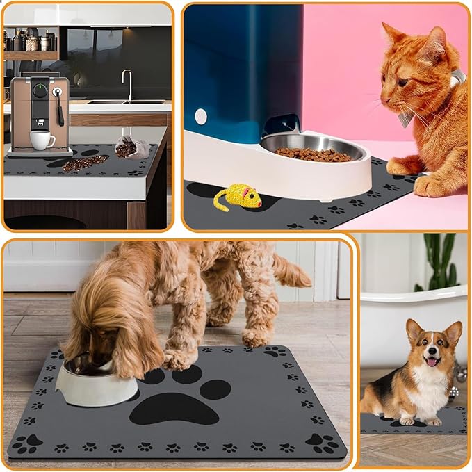 Dog Food Mats for Floor, Absorbent Pet Food Mat - Cat Feeding Mat Quick Dry Dog Bowl Mats for Water Pet Supplies Feeding Placemat 16" x 24" Grey