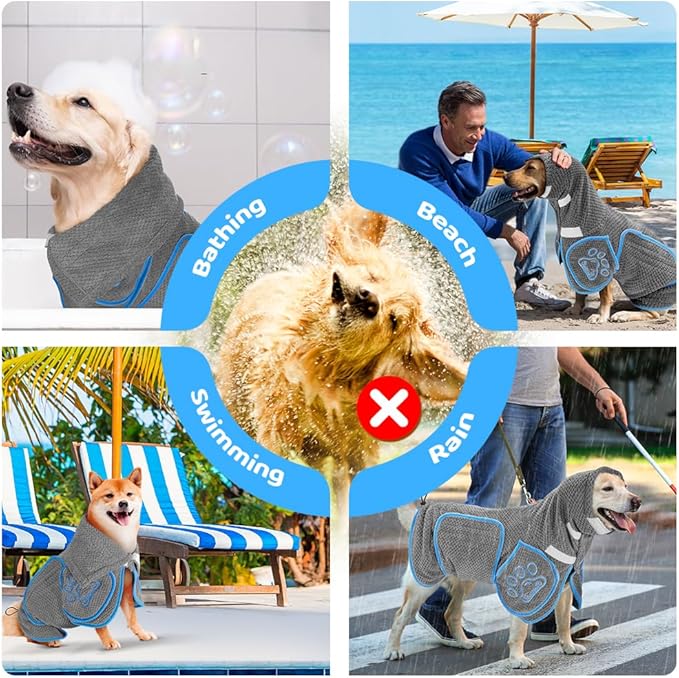 Dog Bathrobe Towel - Super Absorbent Dog Drying Coat, Warming Bath Robes for After Bath Shower Swim Walk for Small Medium Large Dogs Cats Pet