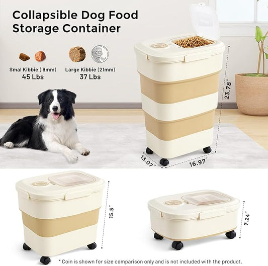 40-50lbs Dog Food Storage Container, Large Capacity Collapsible Airtight Pet Food Storage Containers with Rolling Wheels, Transparent Lid, Scoop and Date Track, Khaki