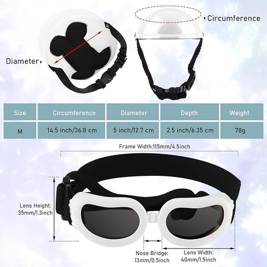 Frienda Dog Helmet and Goggles, UV Protection Doggy Sunglasses and 4 Inch Padded Puppy Motorcycle Helmet Adorable Dog Goggles with Adjustable Belt for Small Dogs Puppy Riding(White,M)