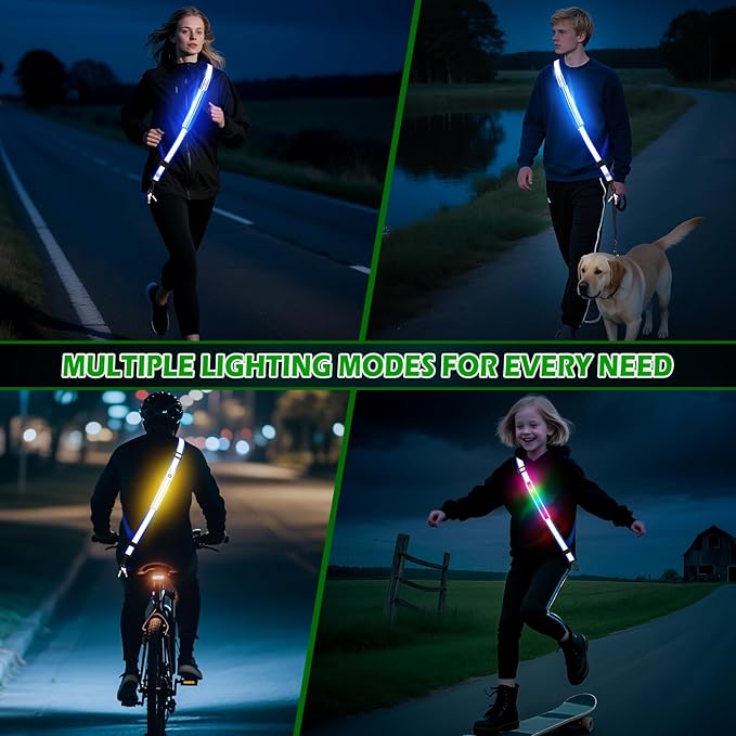 LED Reflective Belt Sash, Rechargeable LED Light Night Safety Walking Gear, High Visibility Adjustable Reflective Gear for Runners Walkers Cyclists at Night (Blue)
