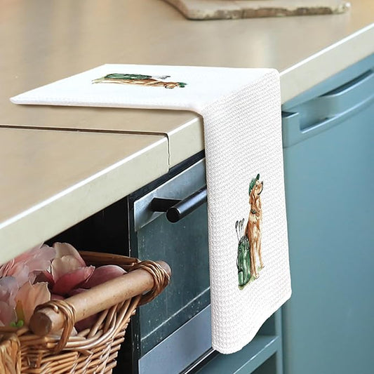 Golden Retriever Kitchen Towels - Golden Retriever Dog Dish Towels, Sports Gifts, Pet Golf Club Decorative Absorbent Dishcloths Hand Towels for Kitchen Gym Decor 16x24 Inches