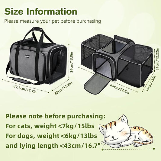 Pecute Cat Carrier Expandable, Extra Large Pet Carrier Bag, Foldable Cat Carrier Bag with Breathable Mesh, Pet Carrier Transport Bag for Dogs and Cats, with Shoulder Strap and Pet Bowl