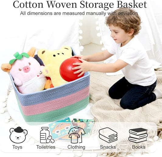 Hopegiver 1 Pack Rainbow Woven Storage Baskets for Shelves, 15x11x10 Inch Cotton Rope Decorative Organizer Bins for Blanket Clothes Book Baby Pet, Colorful Toy Basket for Playroom, Kids Room, Nursery