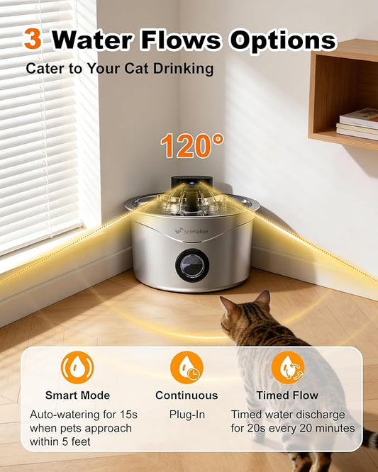 Wireless Cat Water Fountain Stainless Steel, 88fl.oz/2.6L Pet Water Dispenser Long-Lasting 4000mAh Battery with 7 Filters & 3 Sponges for Cats Dogs Indoor